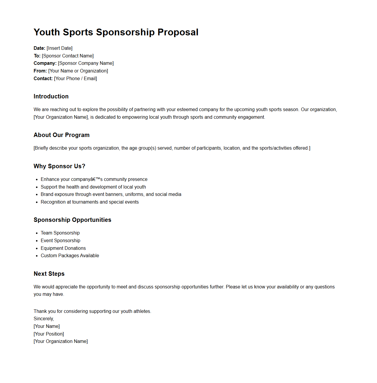 Youth Sports Sponsorship Inquiry Proposal Template