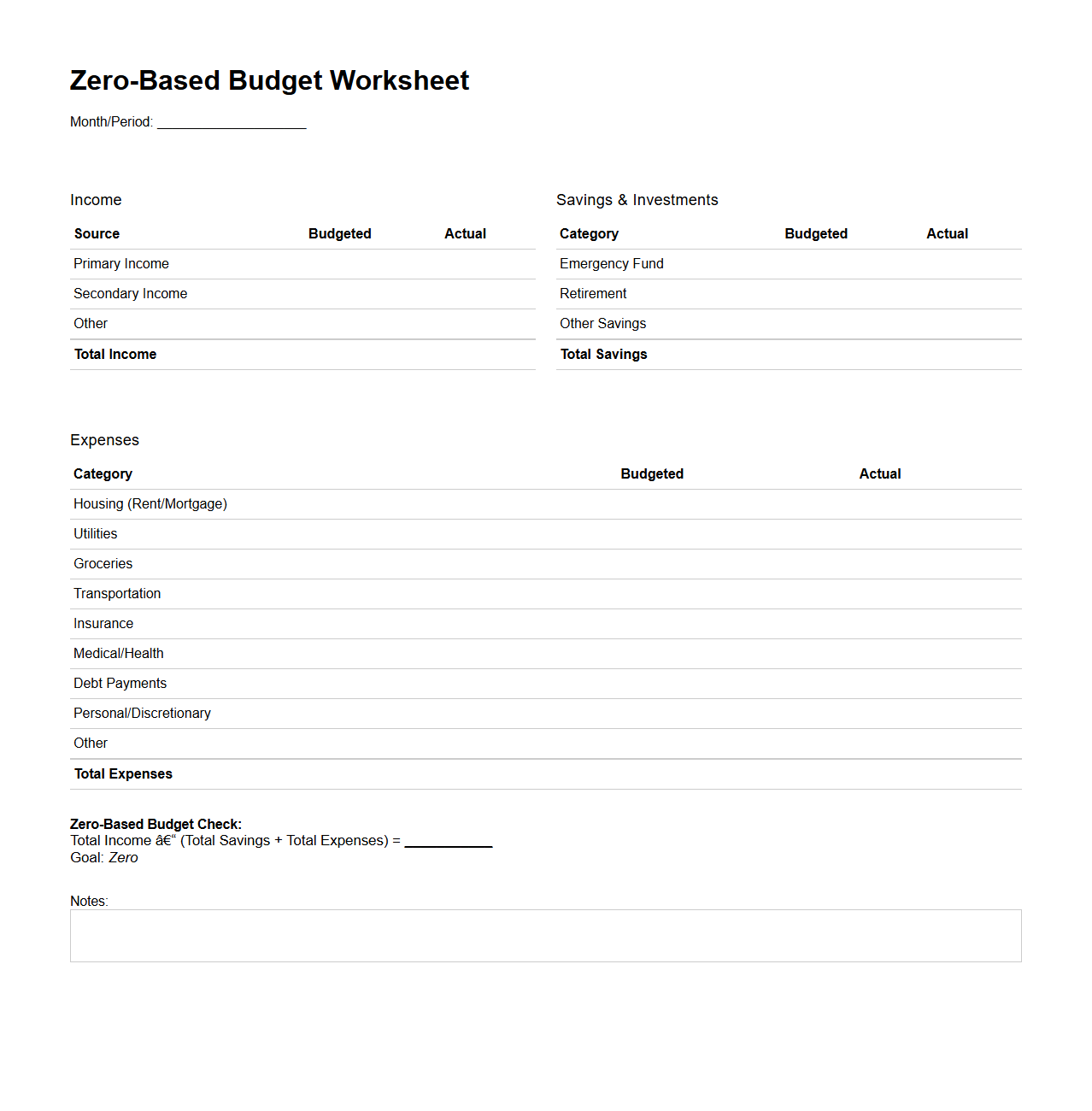 Zero-Based Budget Worksheet for Individuals