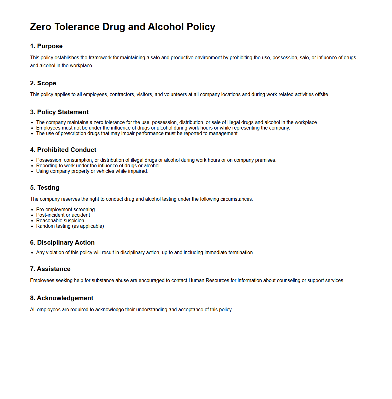 Zero Tolerance Drug and Alcohol Policy Skeleton