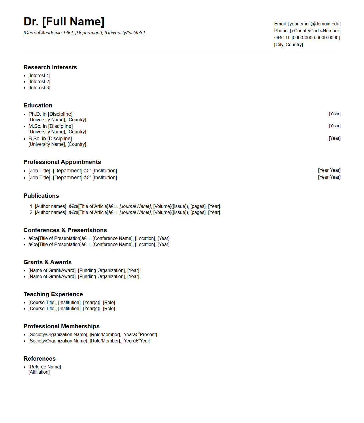 Academic Curriculum Vitae Template for Researchers