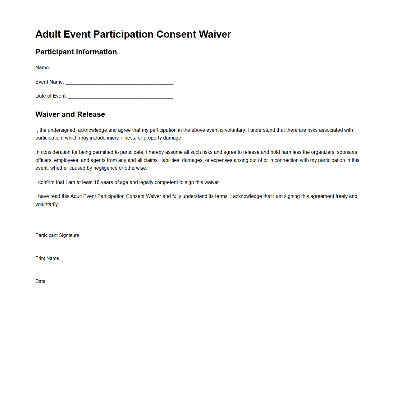 Adult Event Participation Consent Waiver