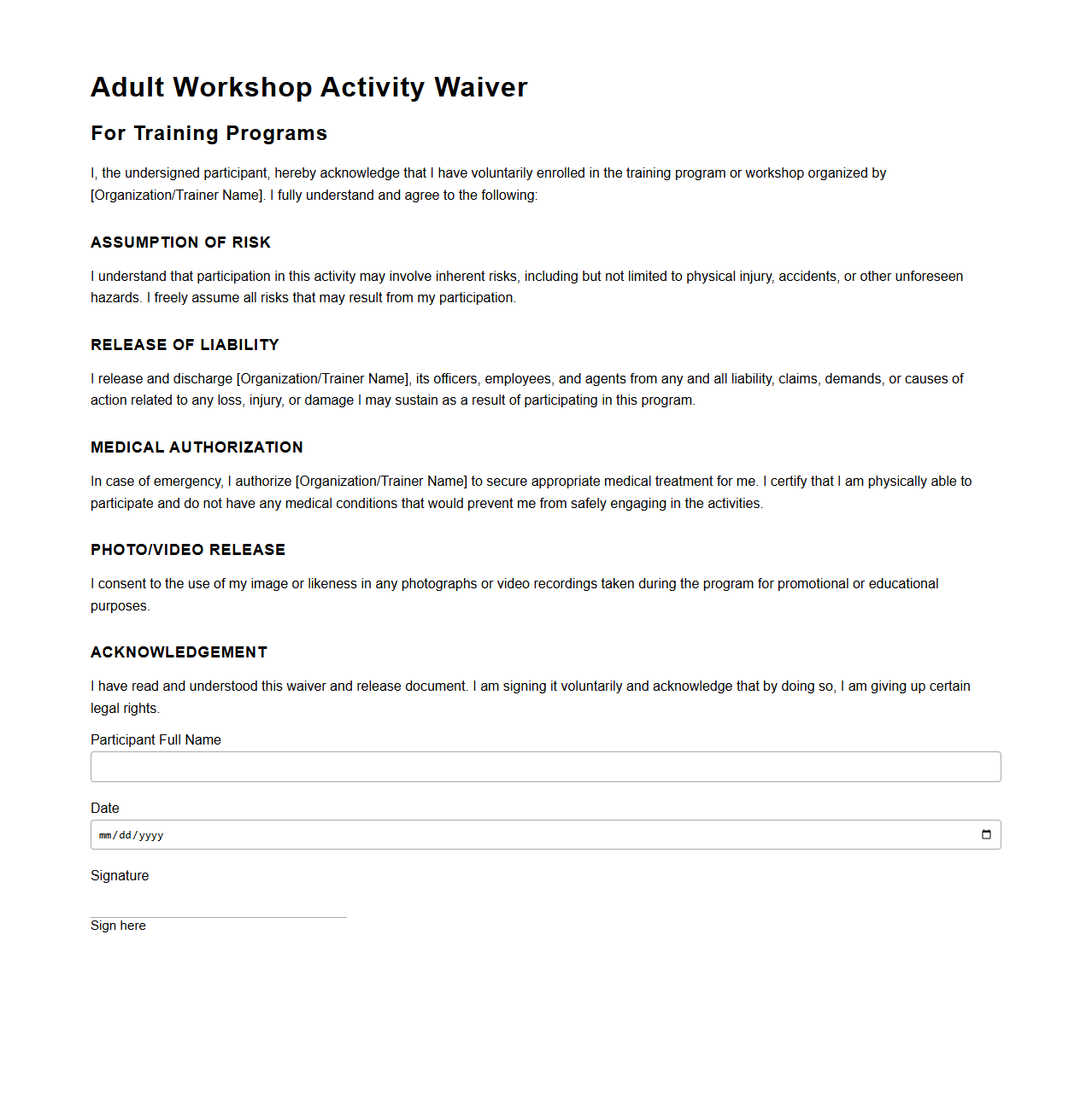 Adult Workshop Activity Waiver for Training Programs