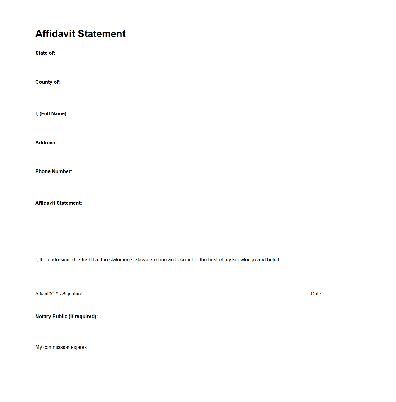 Affidavit Statement Template for Legal Testimony