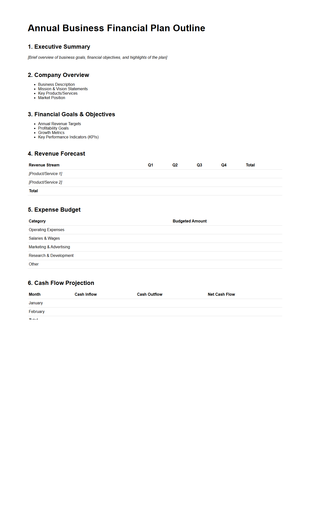 Annual Business Financial Plan Outline
