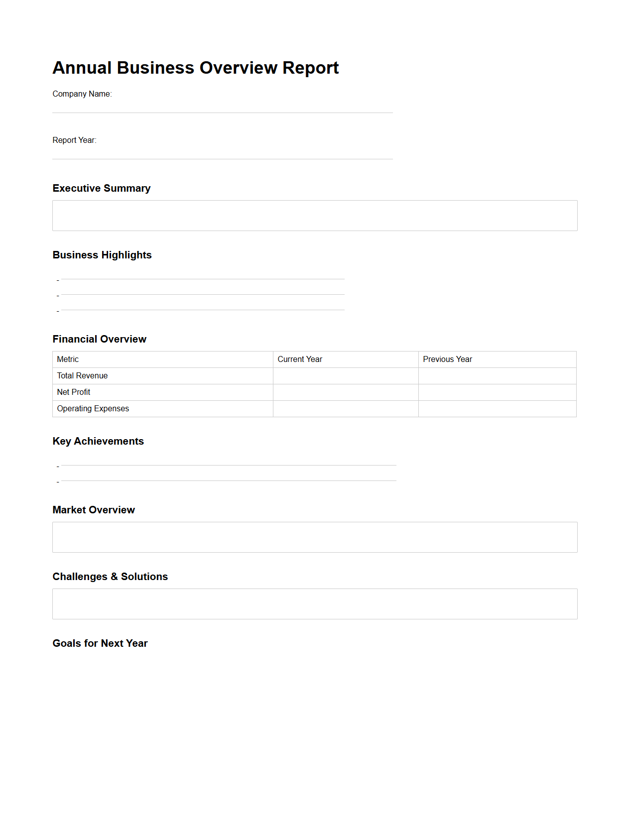 Annual Business Overview Blank Report Template