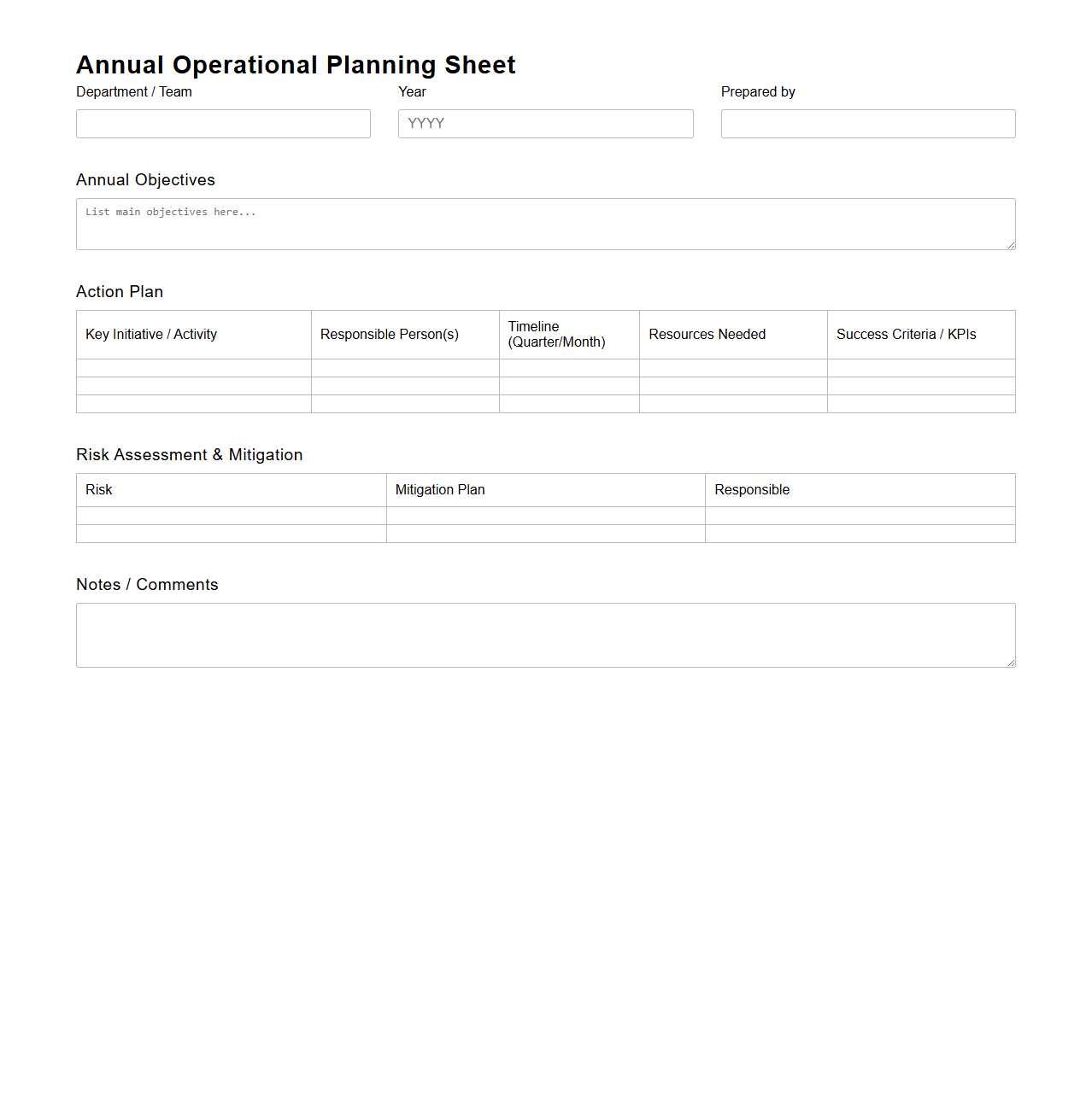Annual Operational Planning Sheet