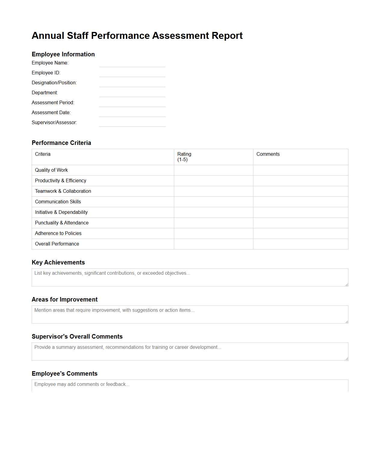 Annual Staff Performance Assessment Report Template