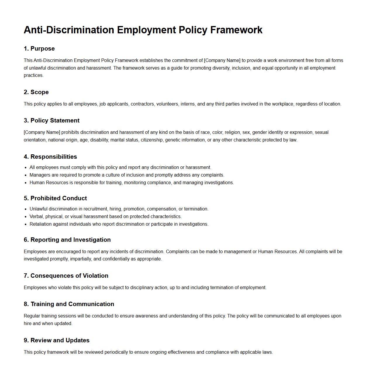 Anti-Discrimination Employment Policy Framework