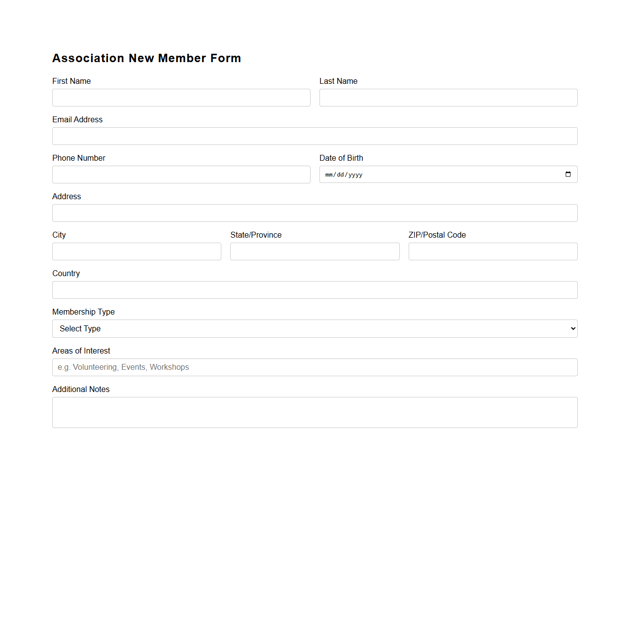 Association New Member Form Template