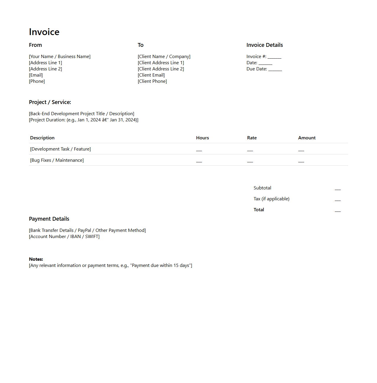 Back-End Developer Invoice Outline