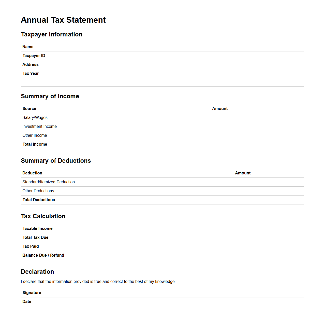 Basic Annual Tax Statement Outline