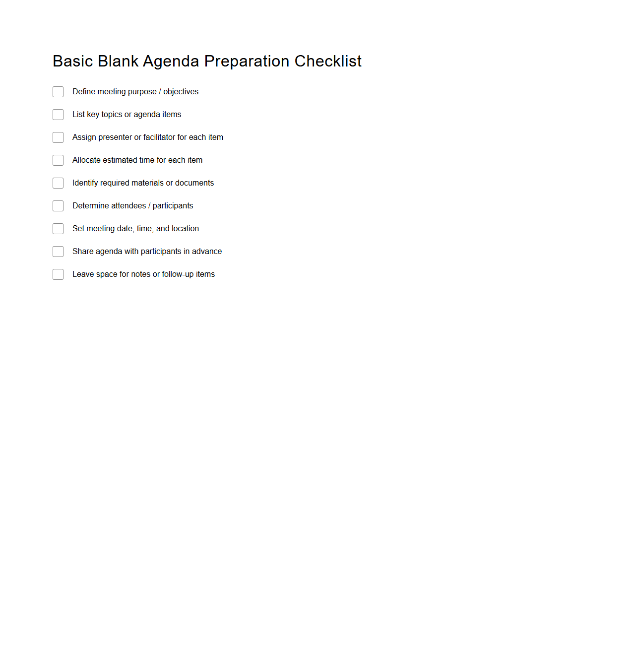 Basic Blank Agenda Preparation Checklist