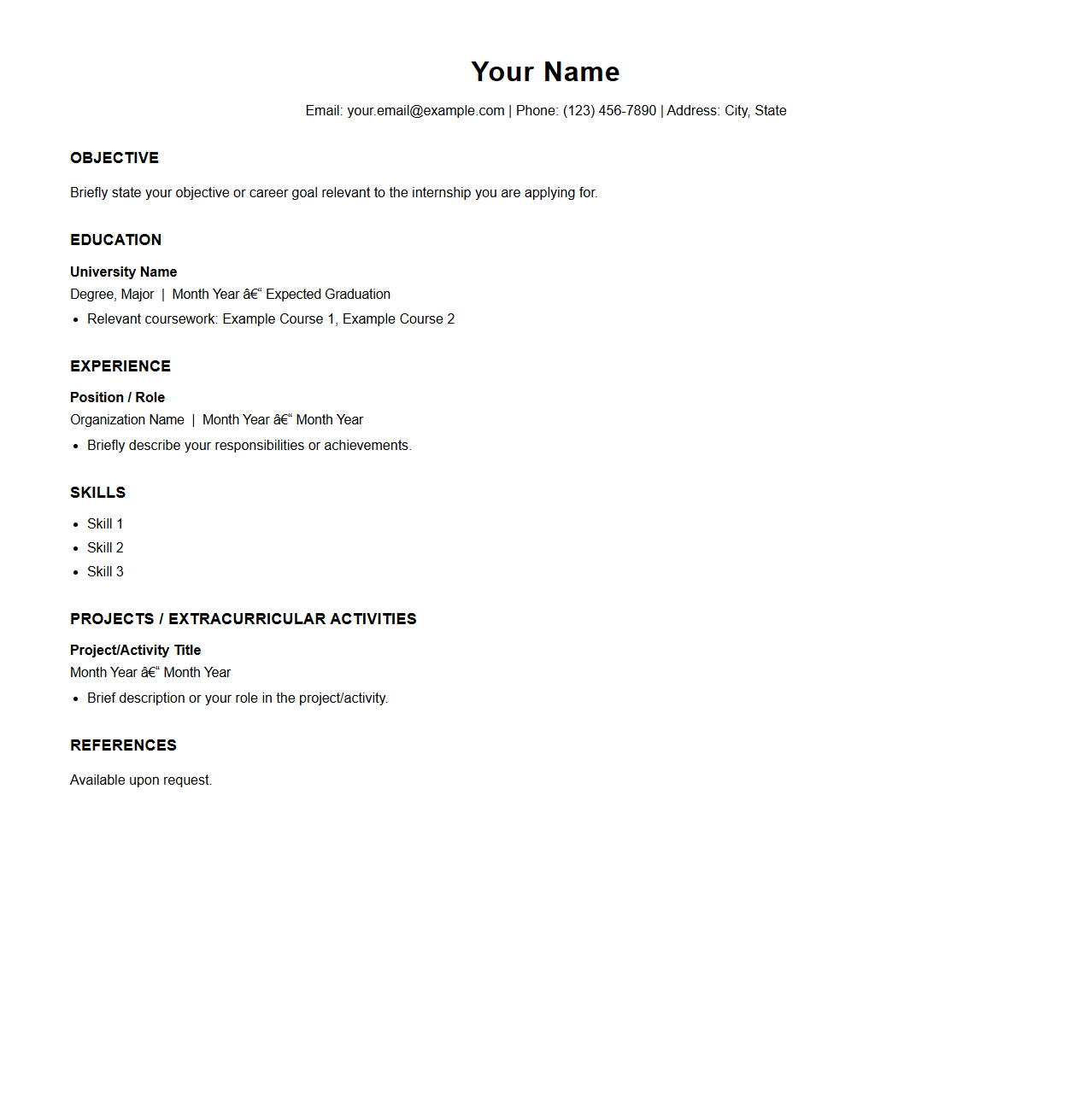 Basic Blank Resume Template for Internship Applications