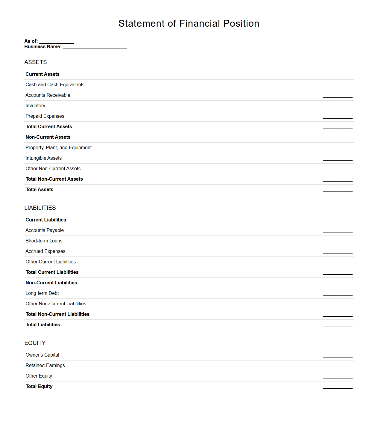 Basic Blank Statement of Financial Position for Business