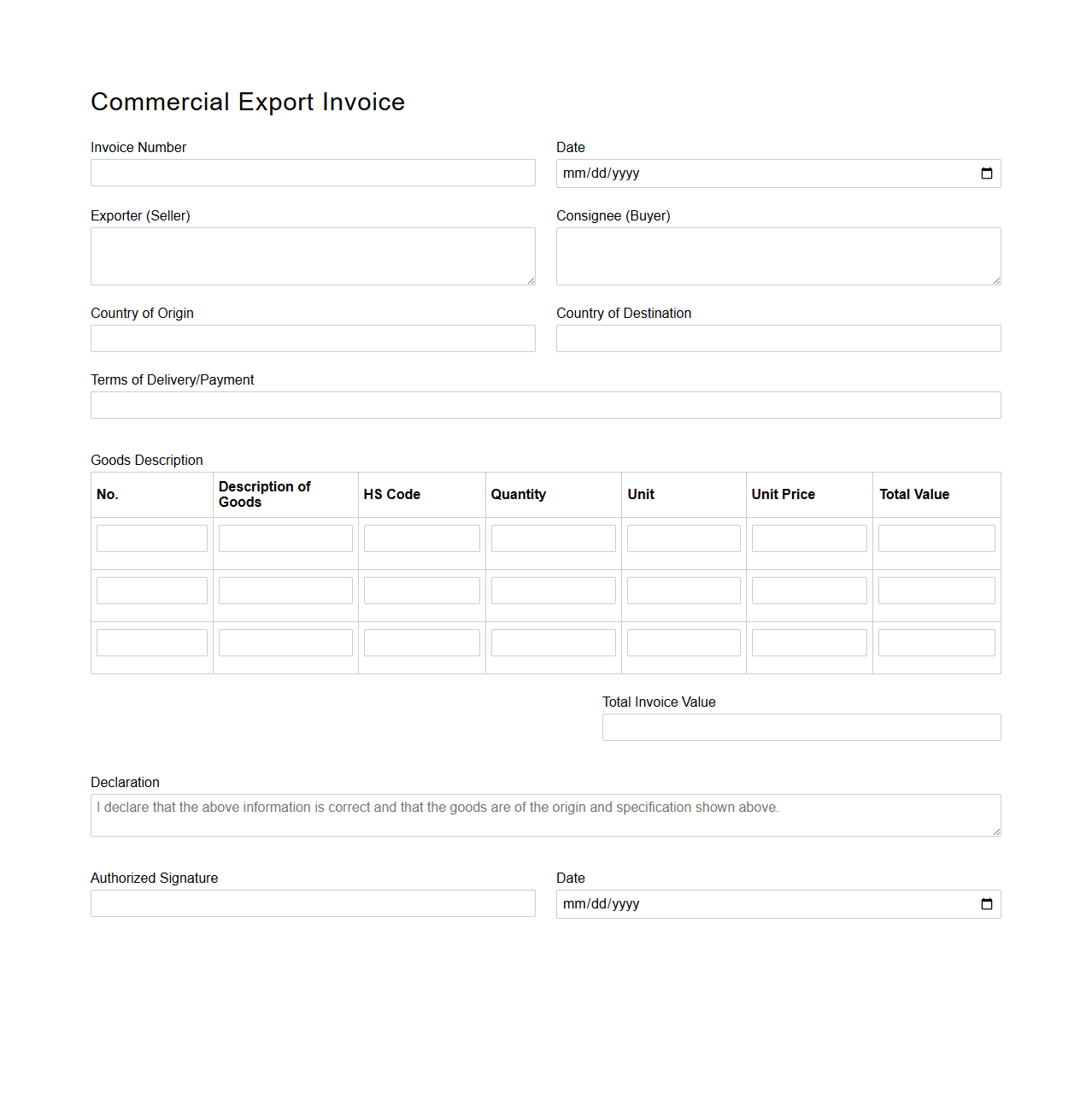 Basic Commercial Export Invoice Form