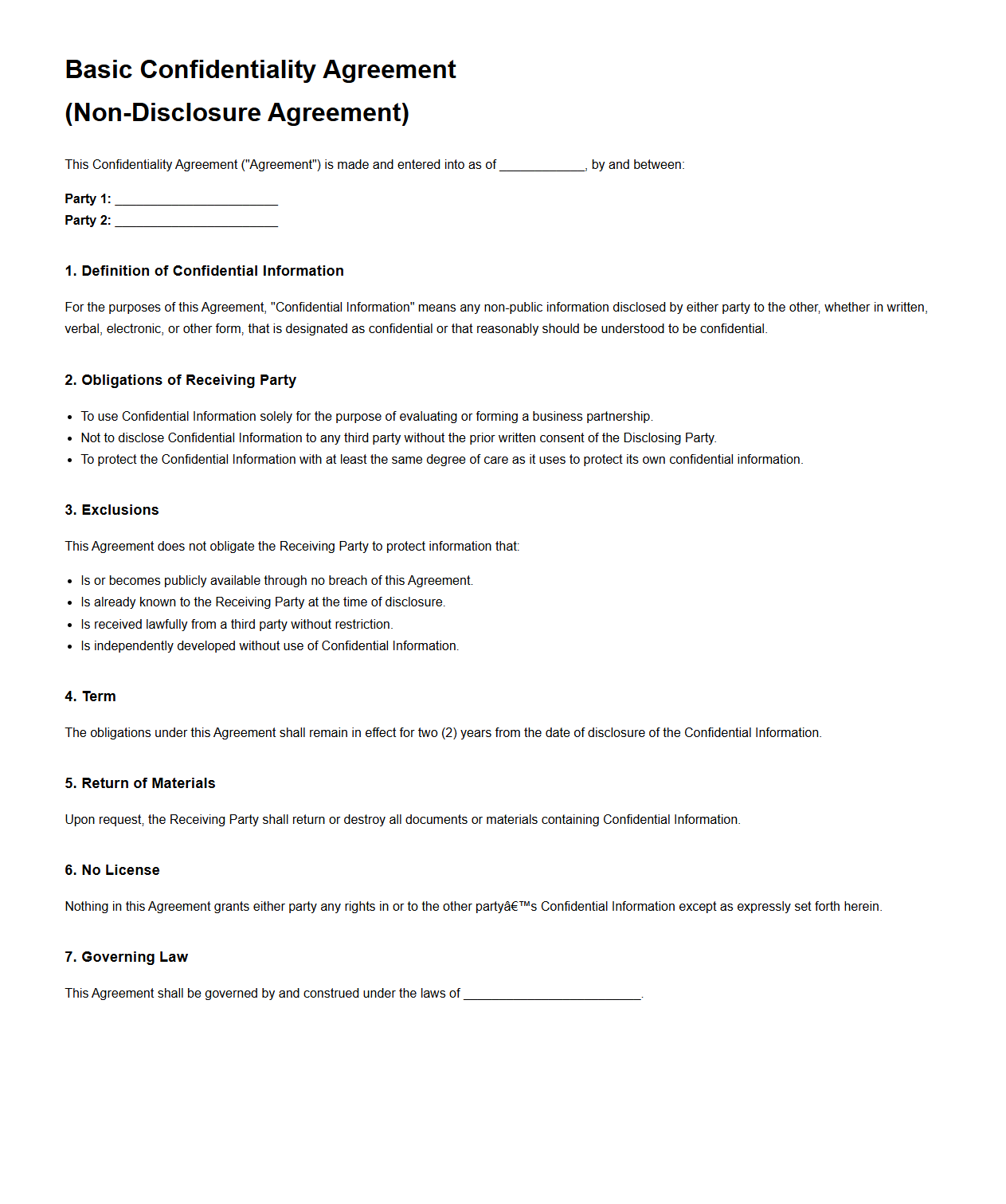 Basic Confidentiality Agreement Template for Business Partnerships