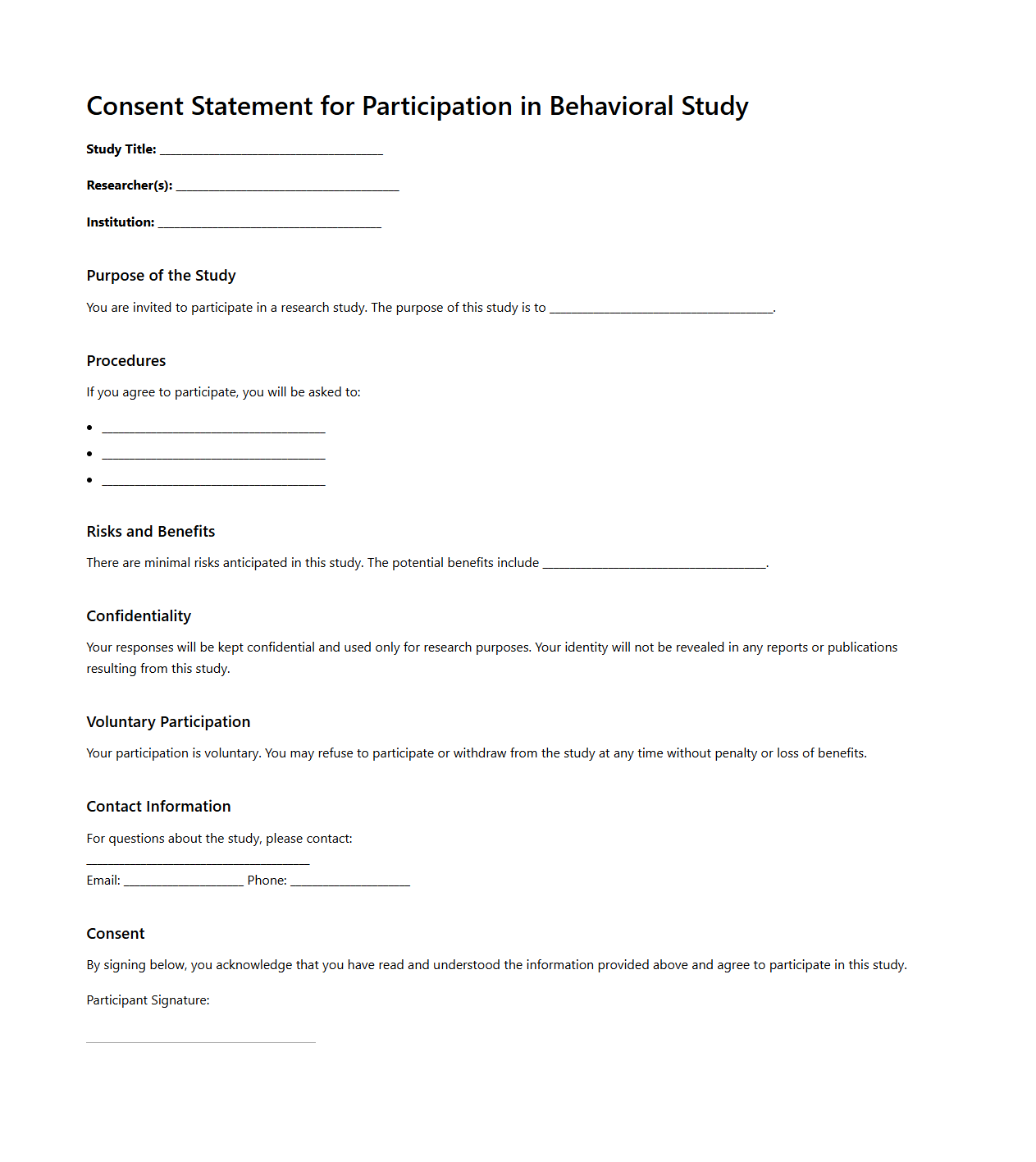 Basic Consent Statement Template for Behavioral Studies