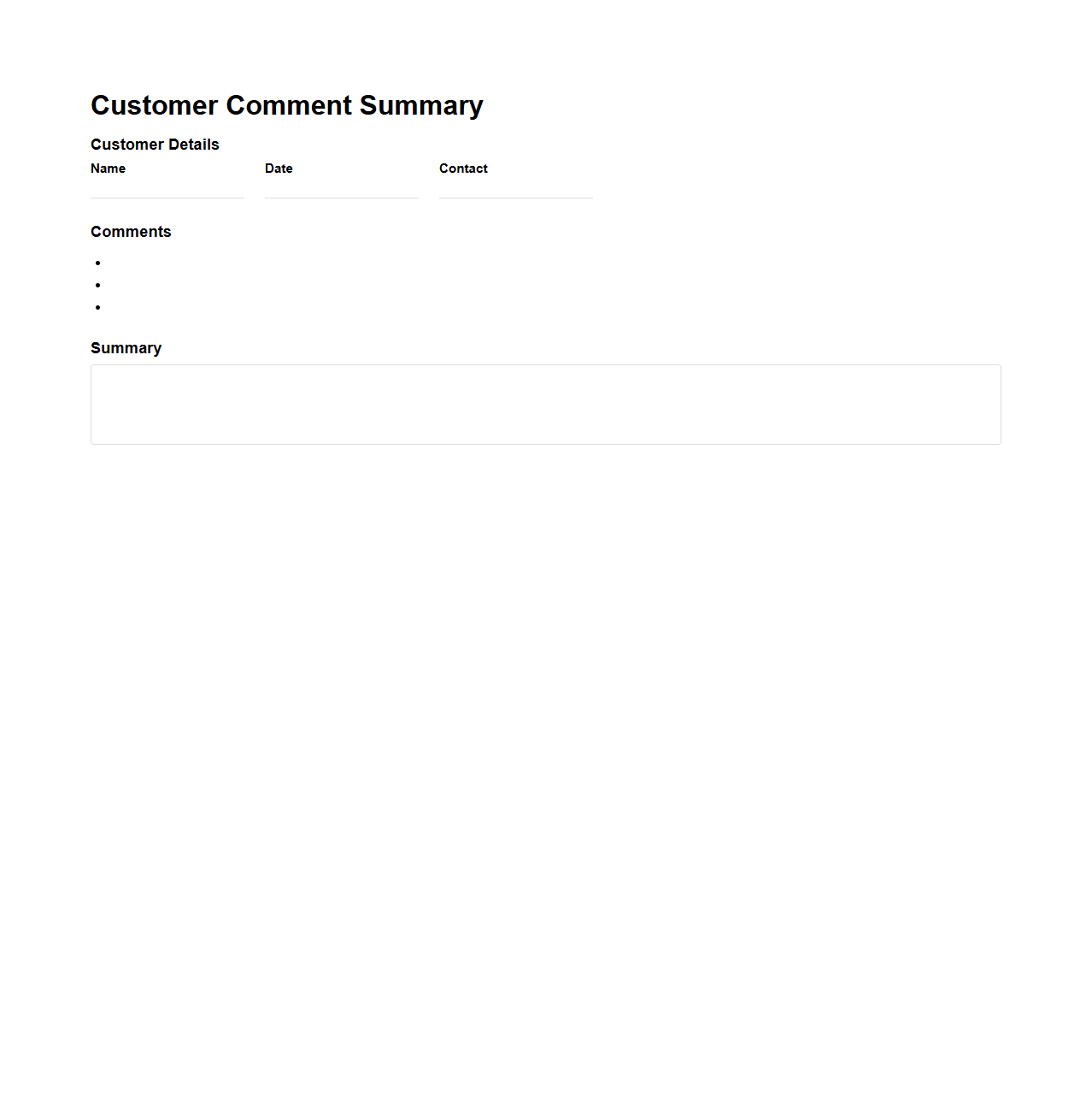 Basic Customer Comment Summary Template