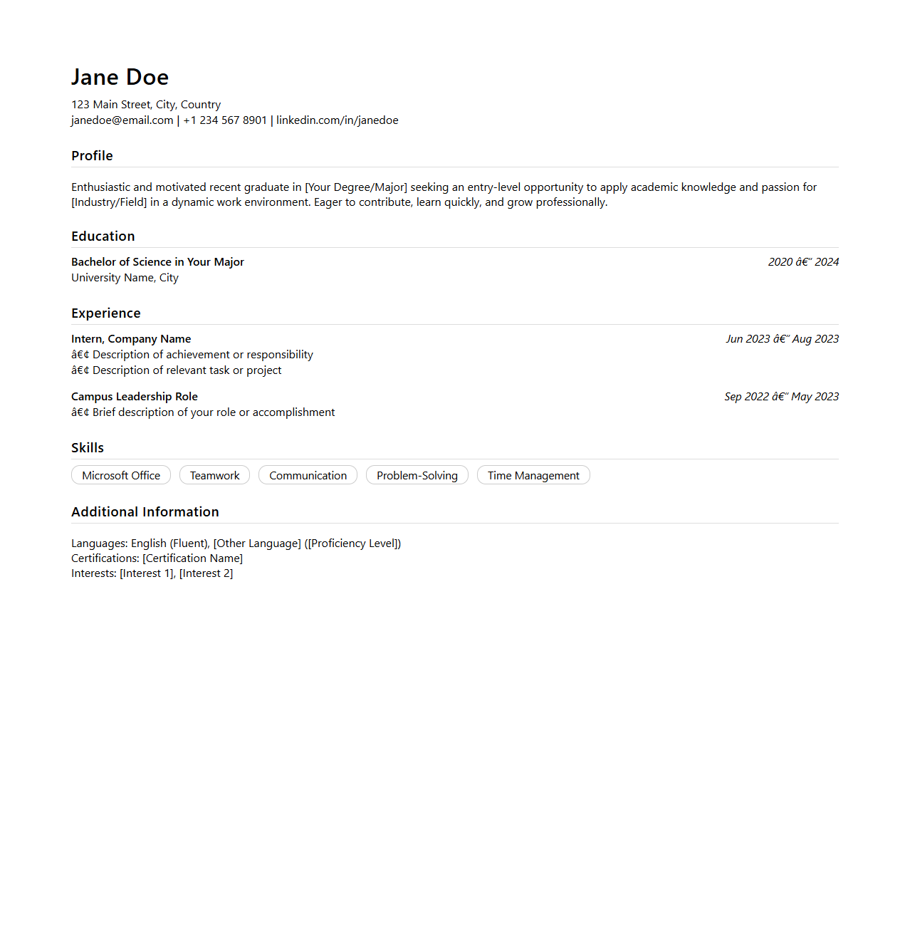 Basic CV Template for Graduate Job Applications