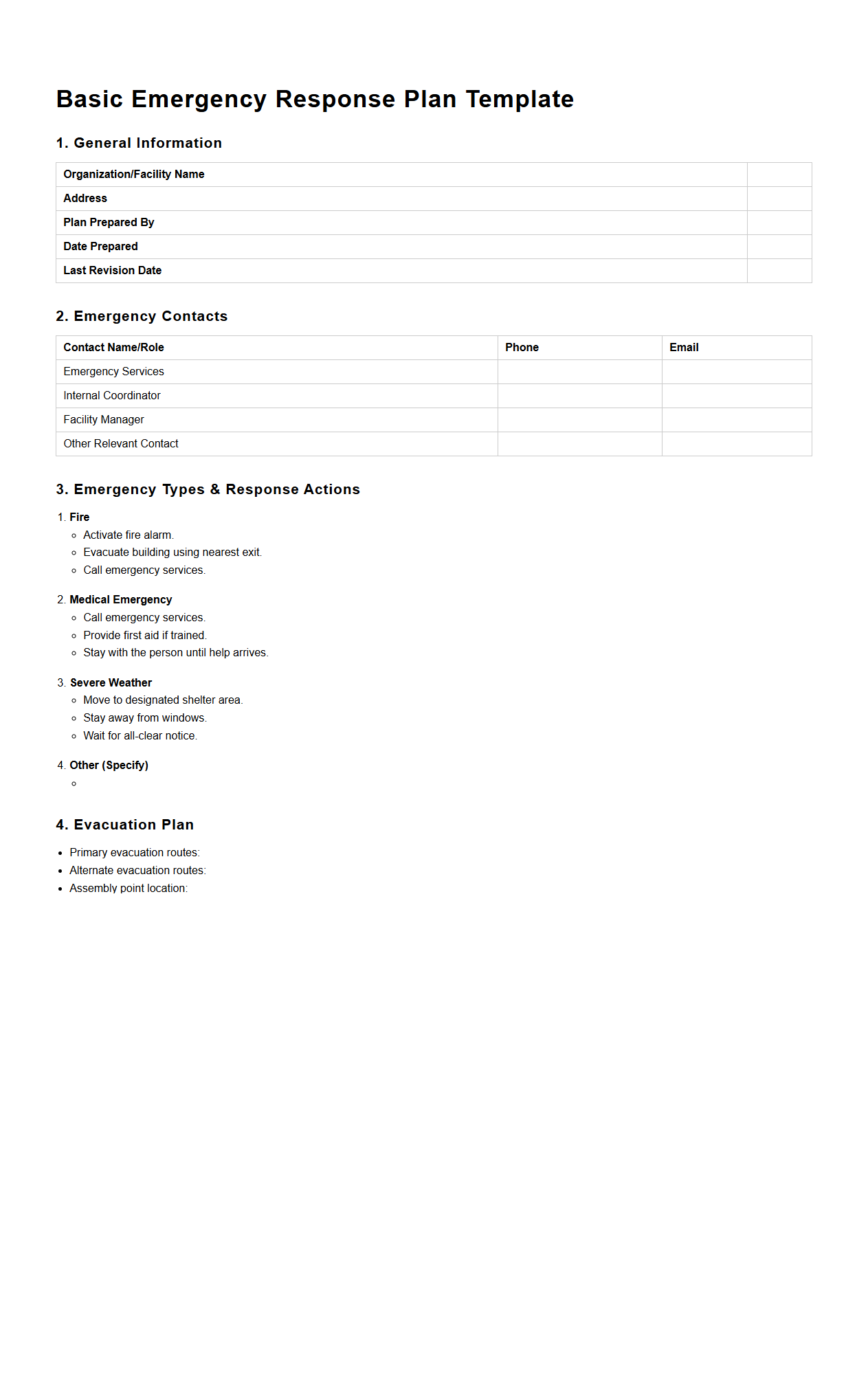 Basic Emergency Response Plan Template