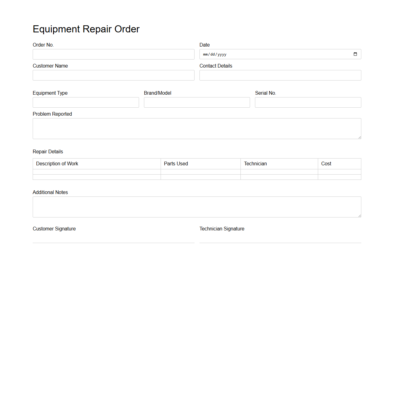 Basic Equipment Repair Order Template