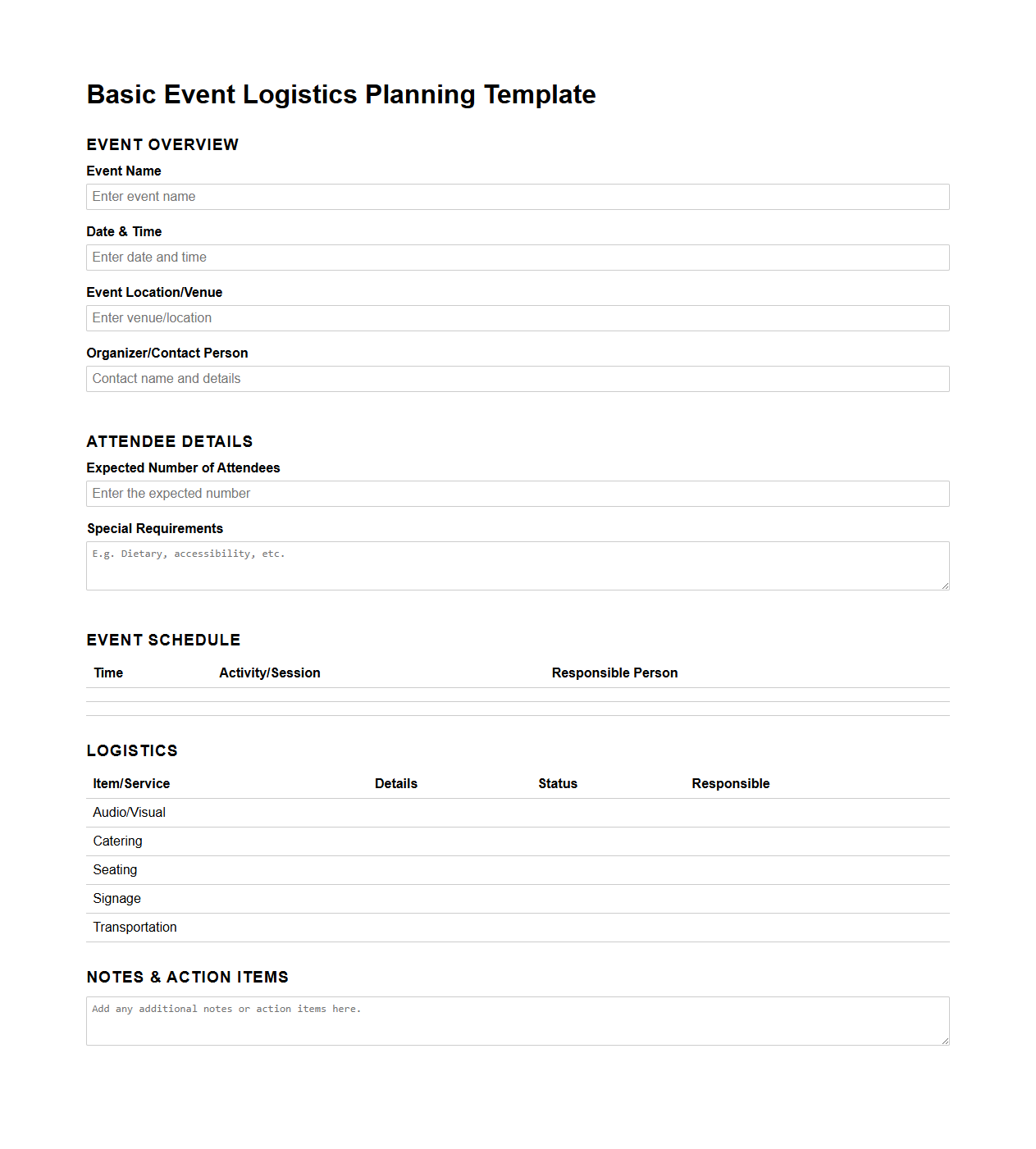 Basic Event Logistics Planning Template