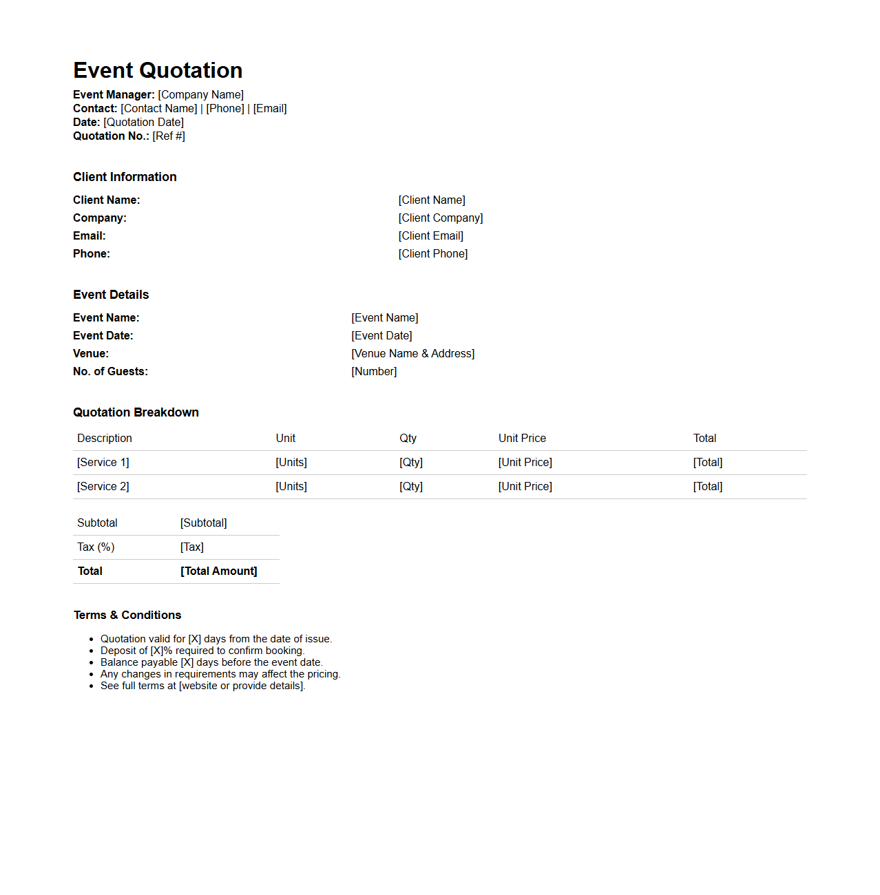 Basic Event Quotation Layout for Event Managers