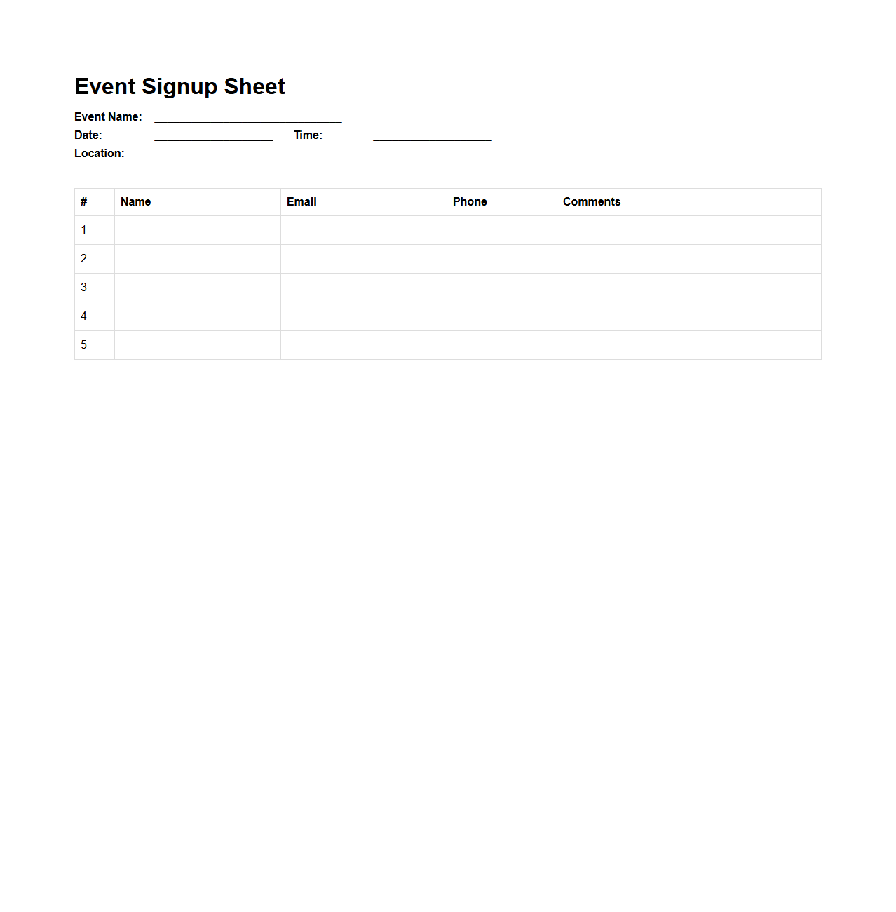 Basic Event Signup Sheet Template