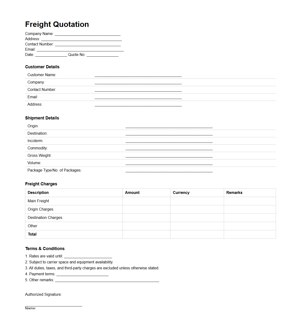 Basic Freight Quotation Format for Logistics