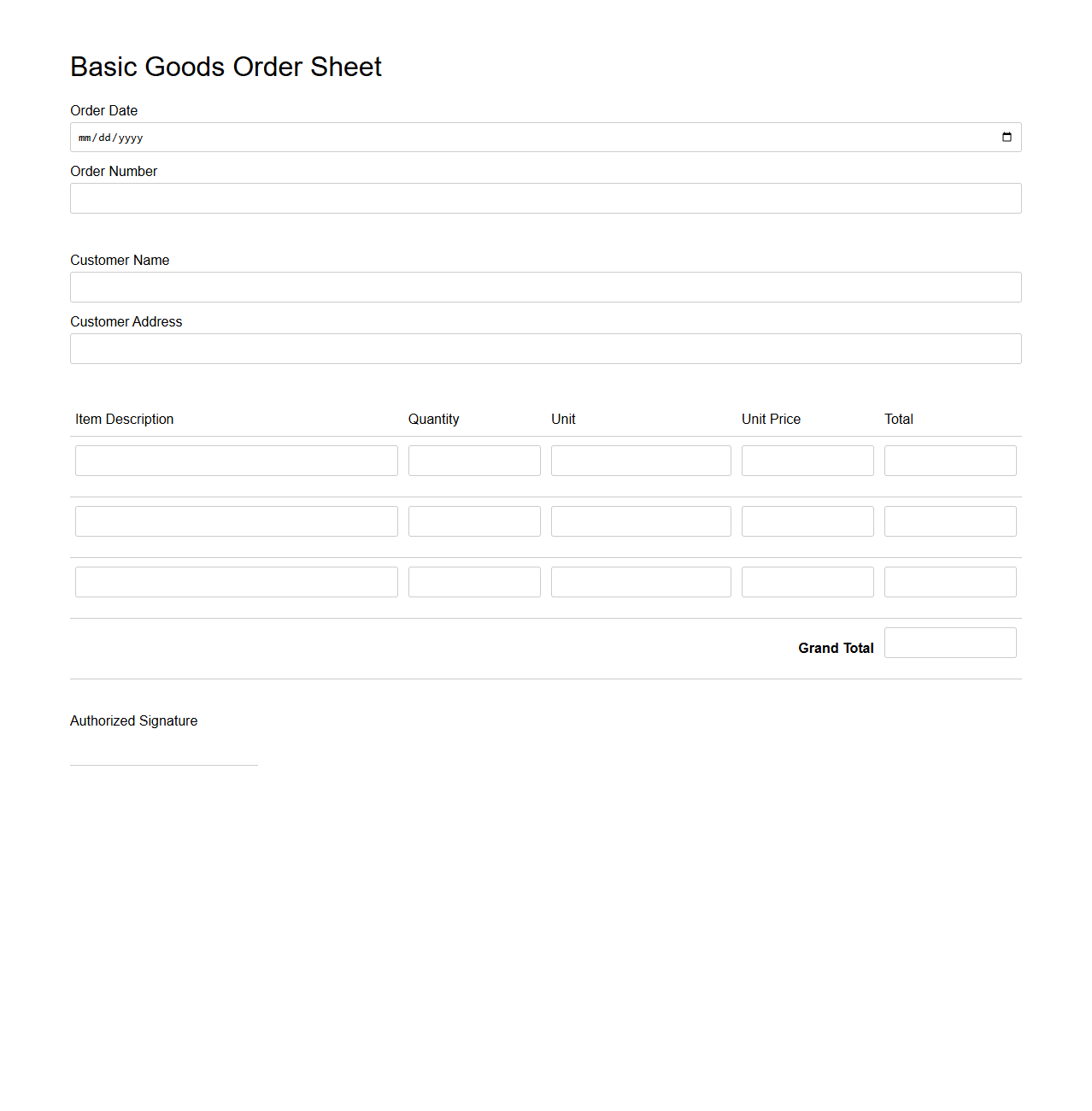 Basic Goods Order Sheet Template