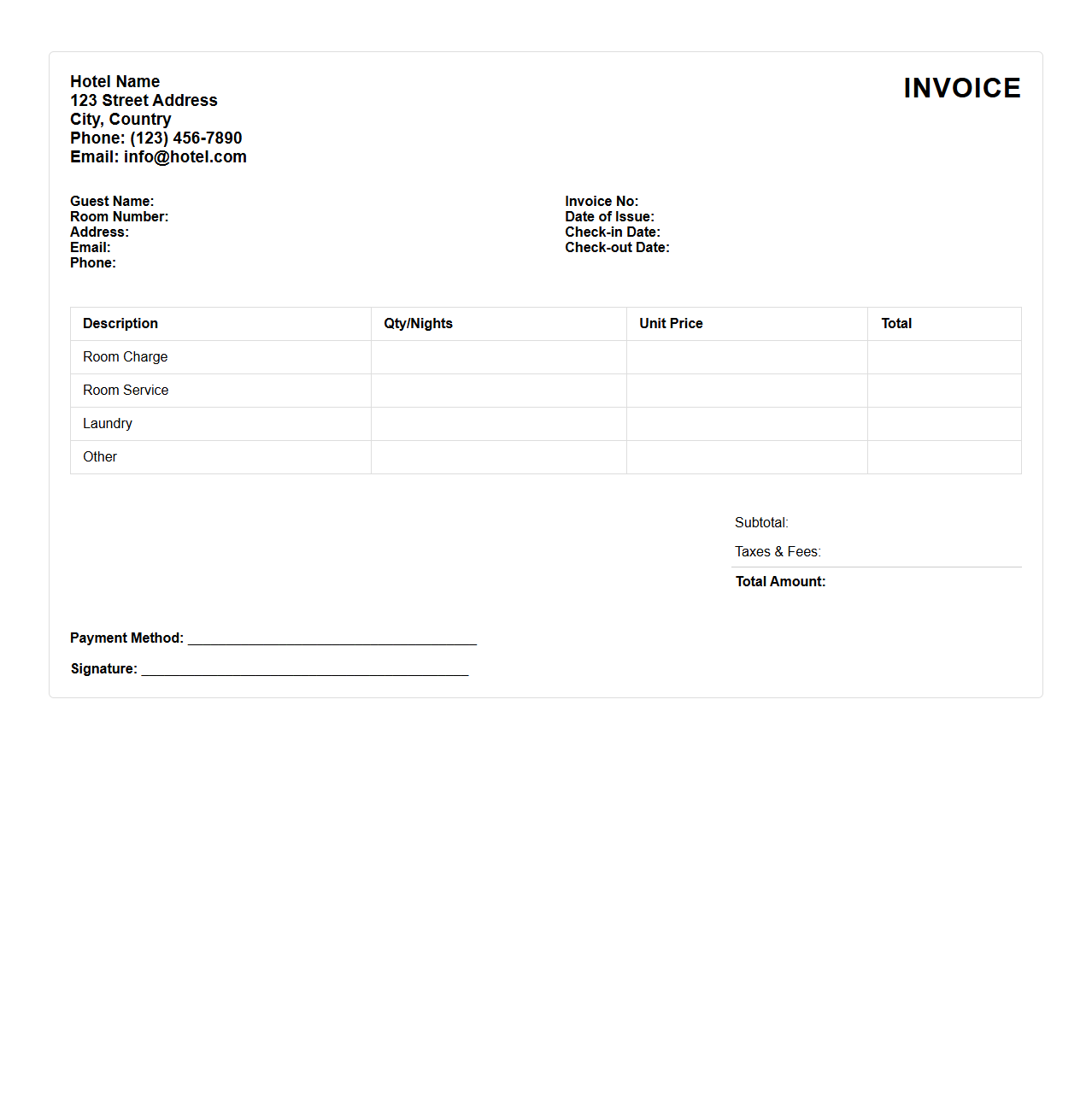 Basic Guest Invoice Template for Hotel Services