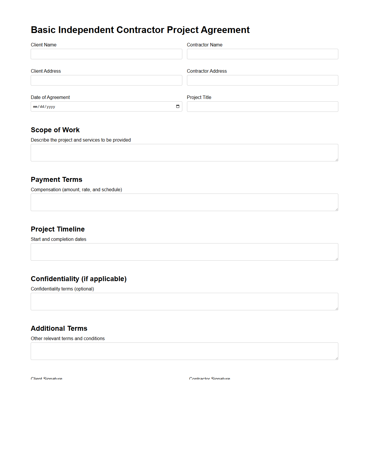 Basic Independent Contractor Project Agreement Form