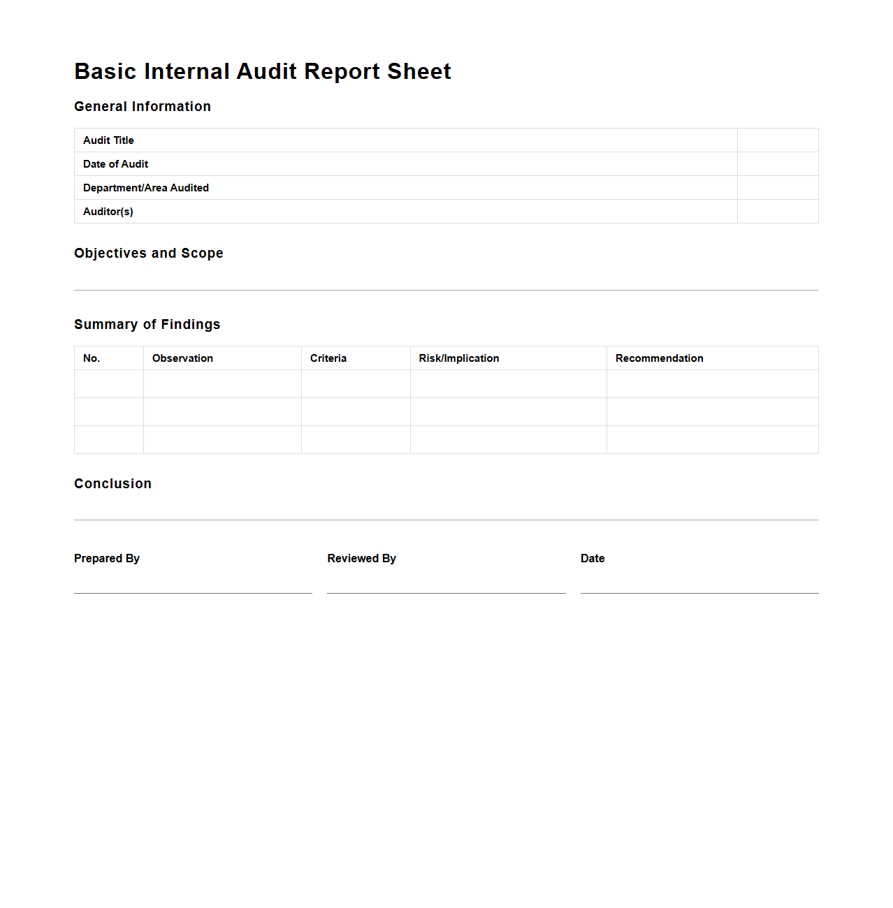 Basic Internal Audit Report Sheet