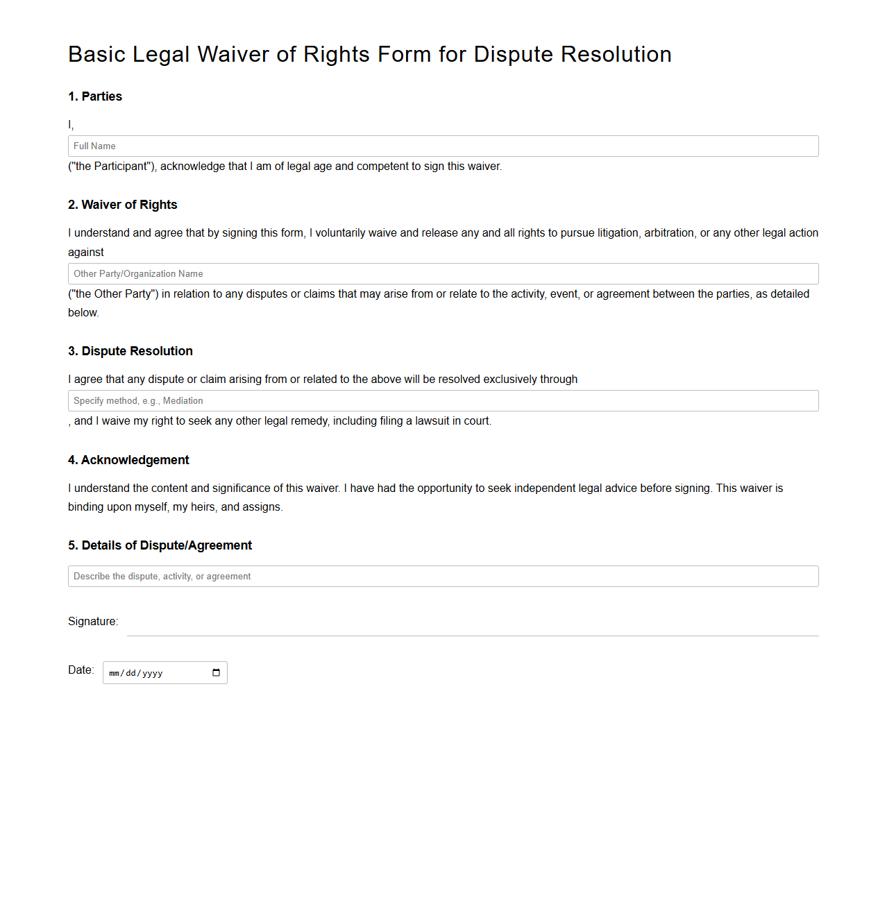 Basic Legal Waiver of Rights Form for Dispute Resolution