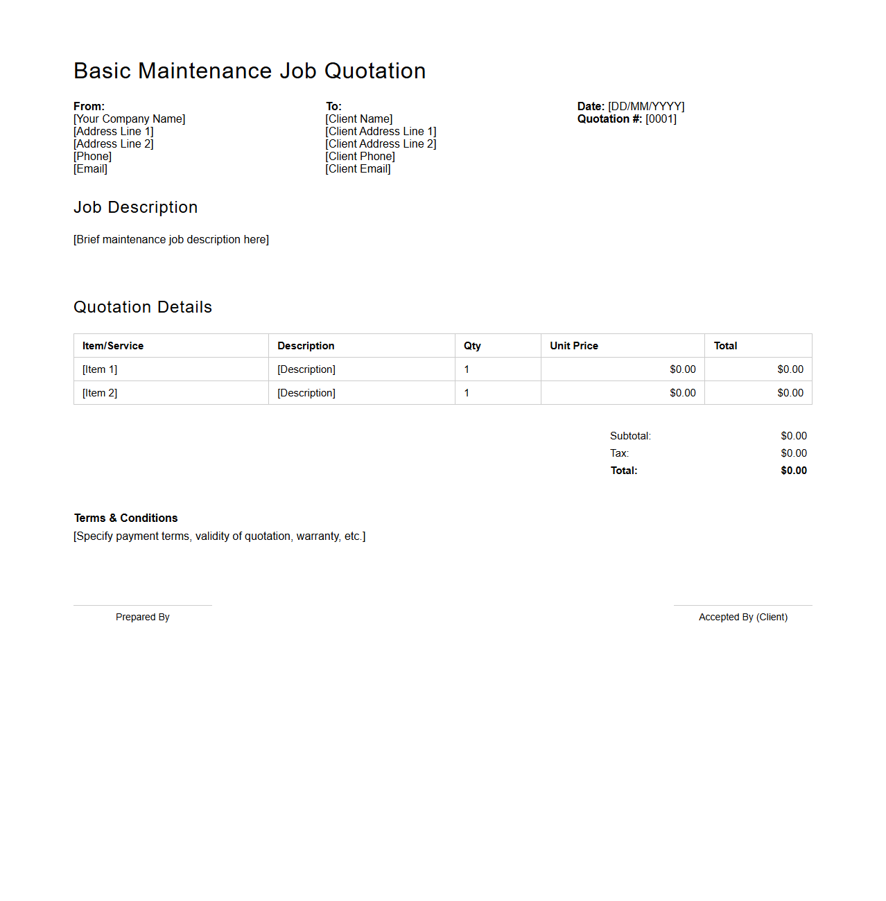 Basic Maintenance Job Quotation Template