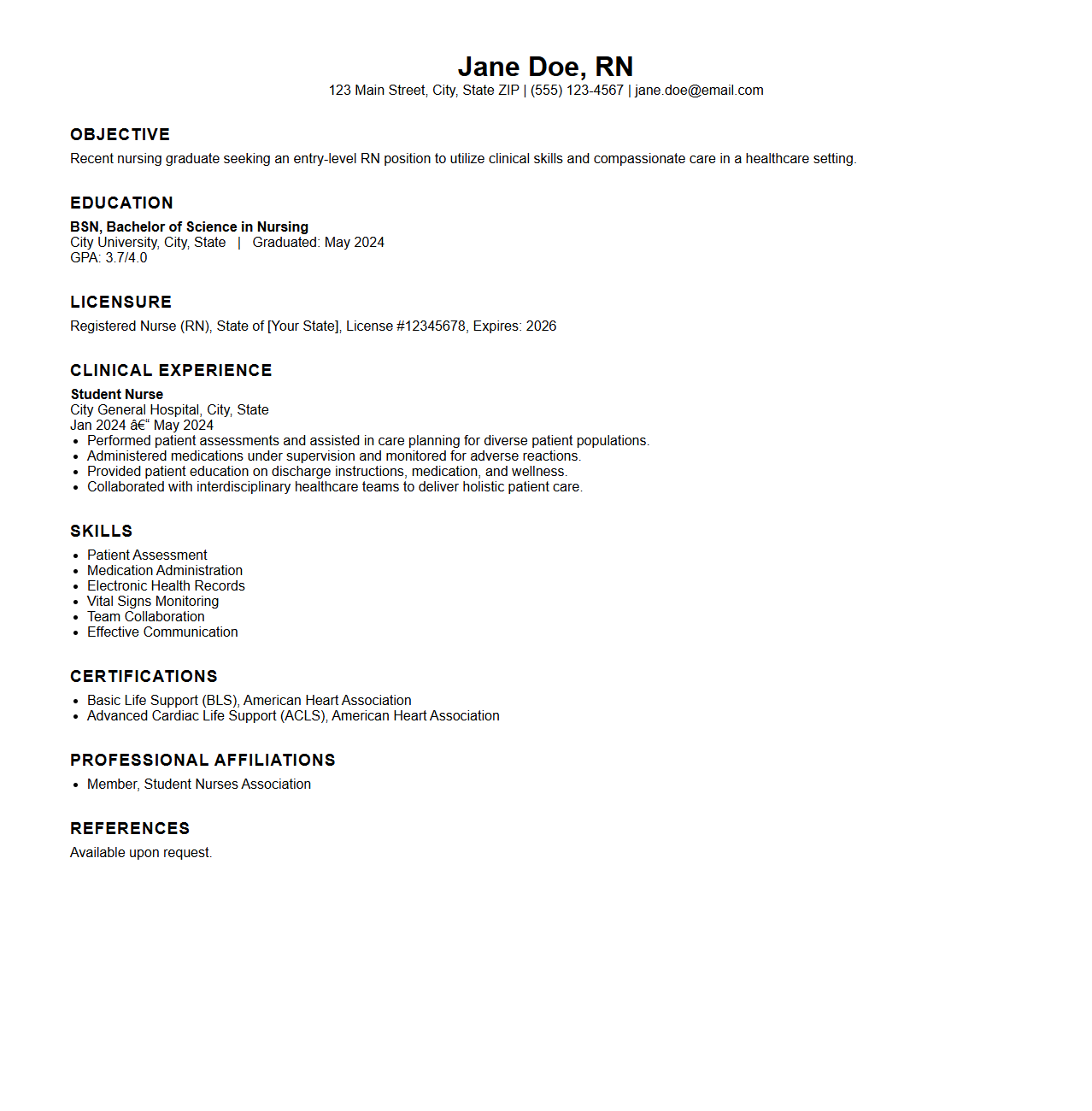 Basic Nursing Resume Sample for New Graduates