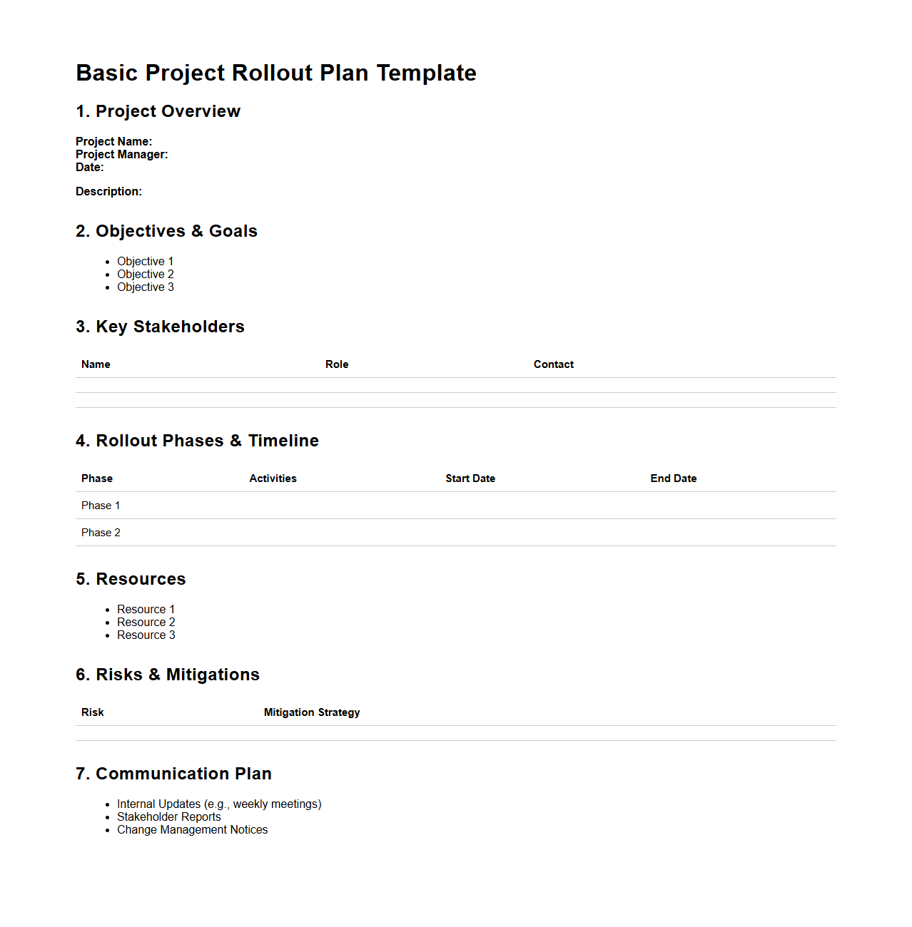 Basic Project Rollout Plan Template