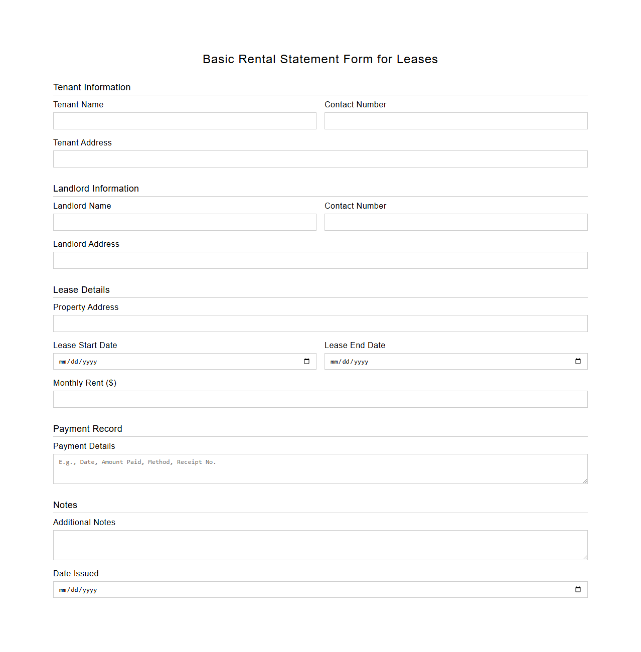 Basic Rental Statement Form for Leases