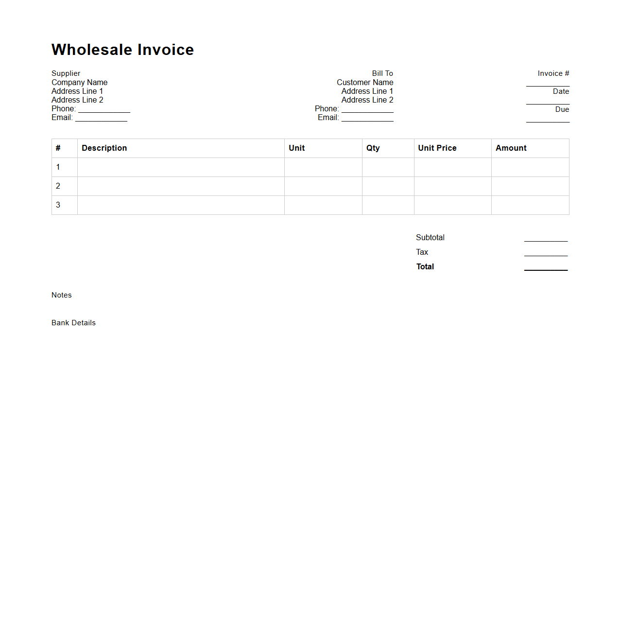 Basic Wholesale Invoice Template for Suppliers