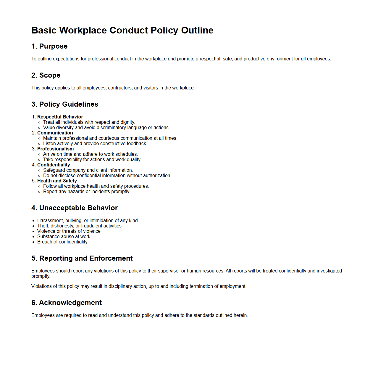 Basic Workplace Conduct Policy Outline