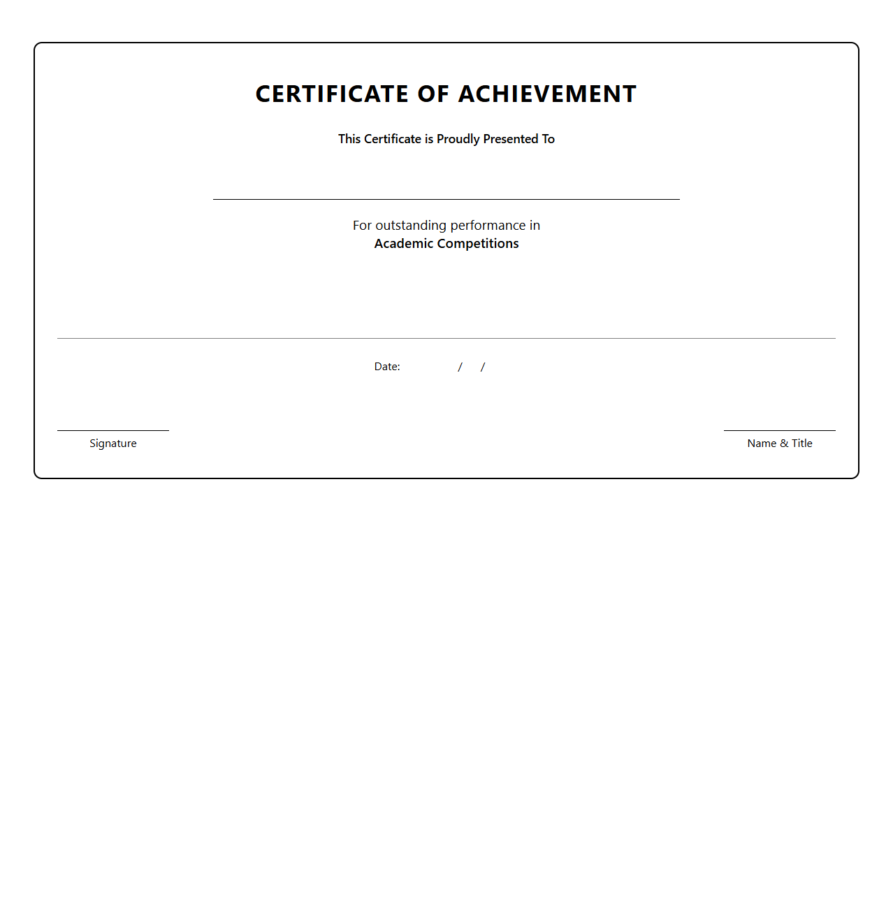 Blank Achievement Certificate Template for Academic Competitions