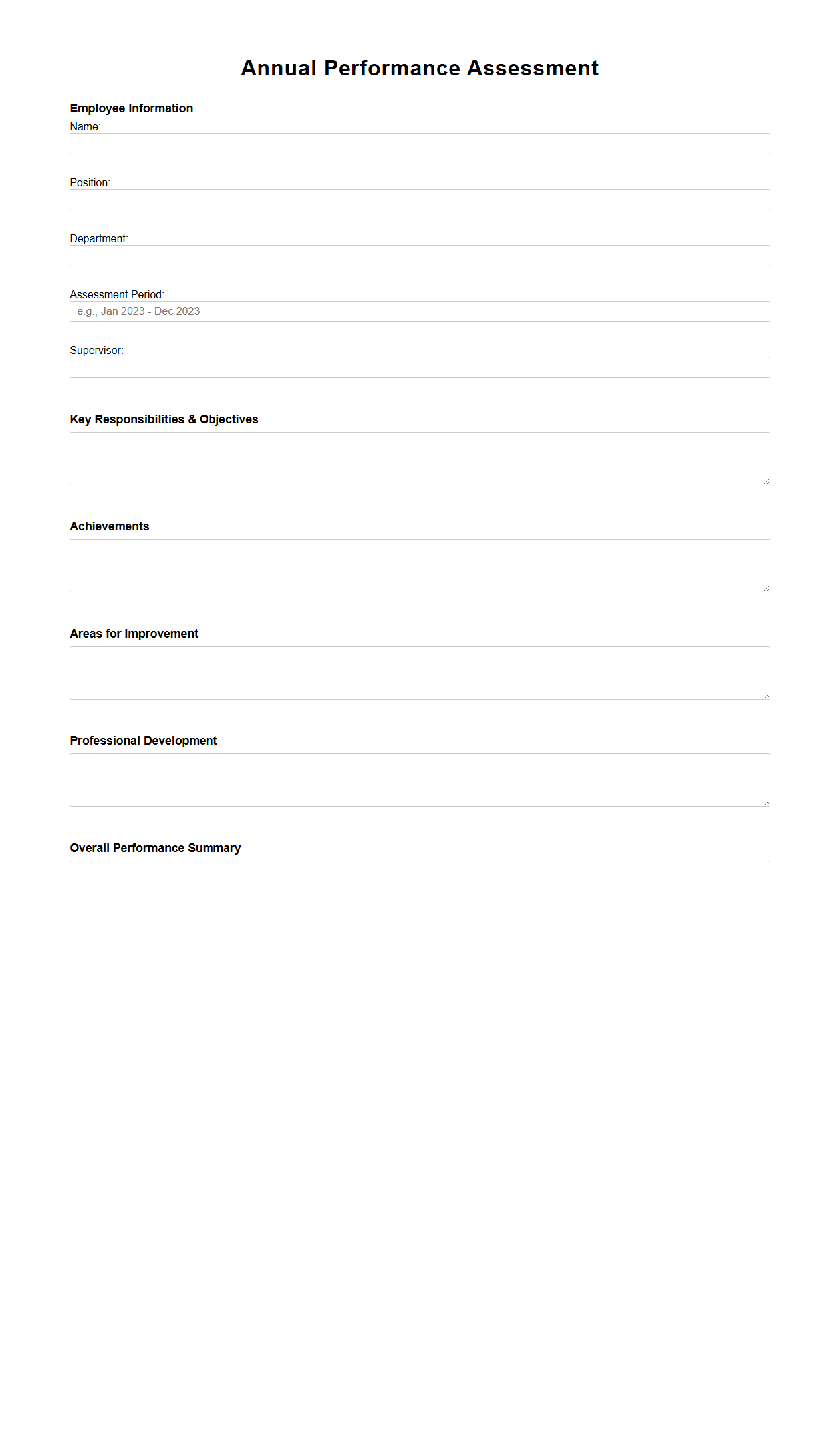 Blank Annual Performance Assessment Template