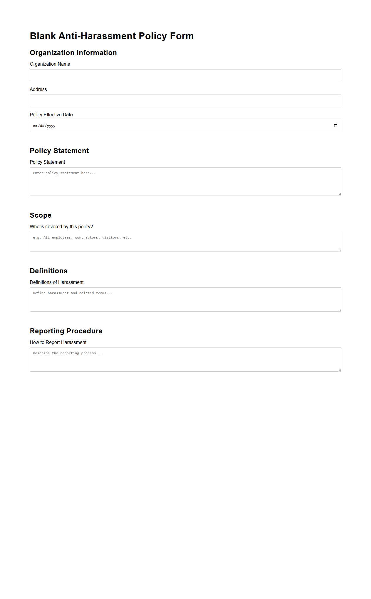 Blank Anti-Harassment Policy Form