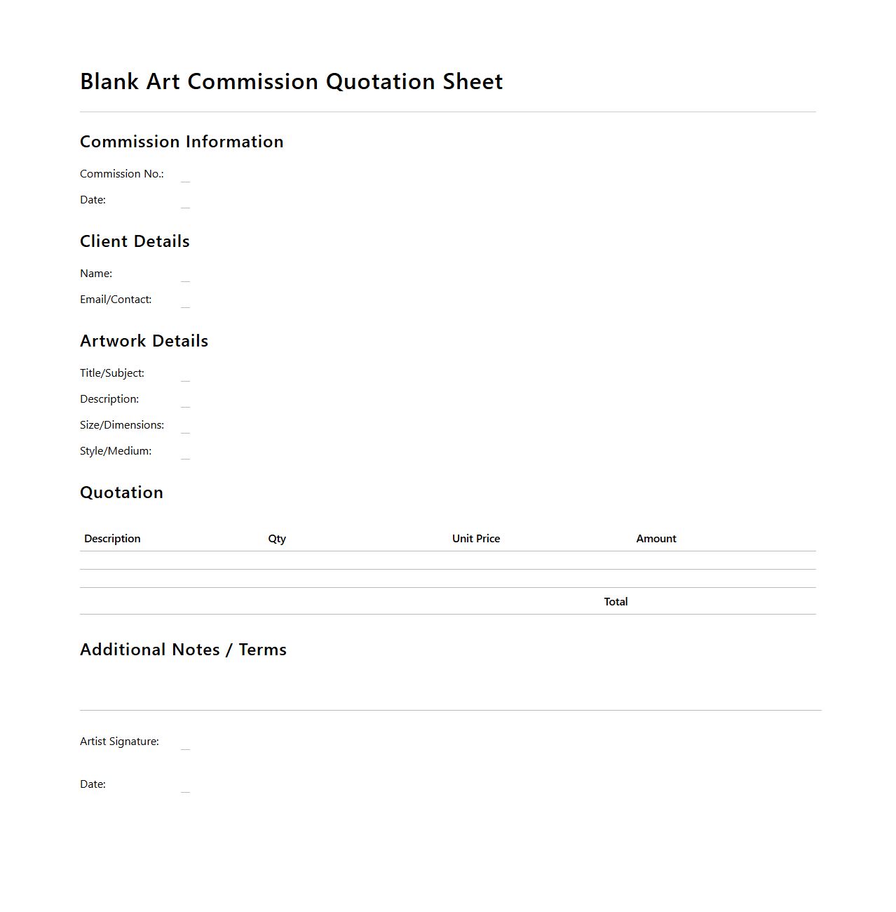 Blank Art Commission Quotation Sheet