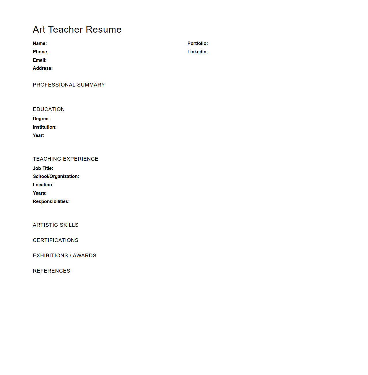 Blank Art Teacher Resume Version