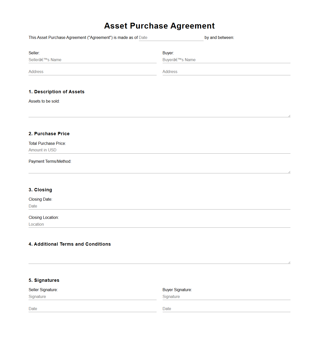Blank Asset Purchase Agreement Form