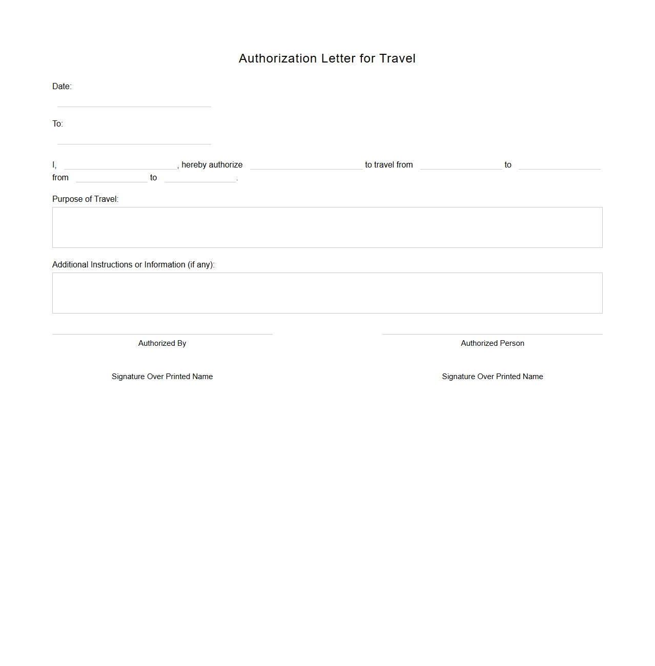 Blank Authorization Letter Template for Travel Authorization