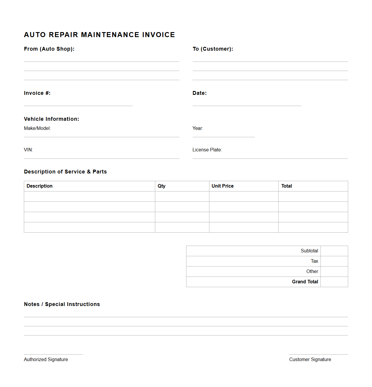 Blank Auto Repair Maintenance Invoice Template