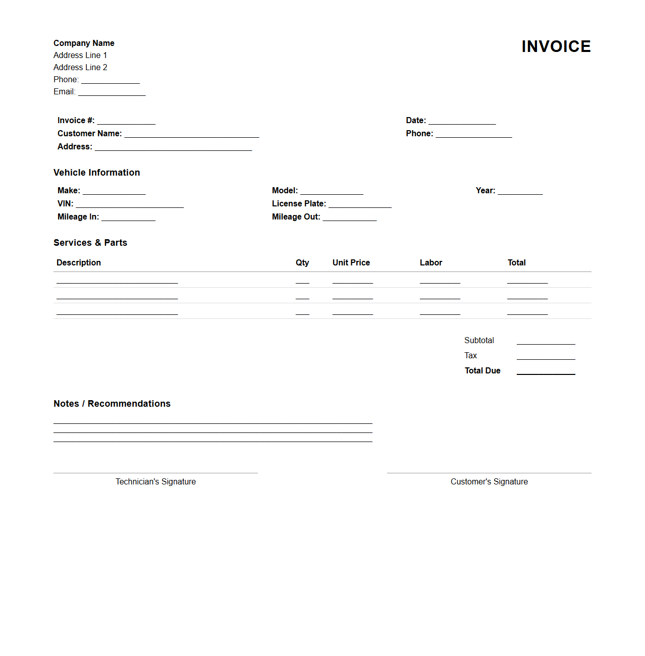 Blank Automotive Repair Invoice Template for Technicians