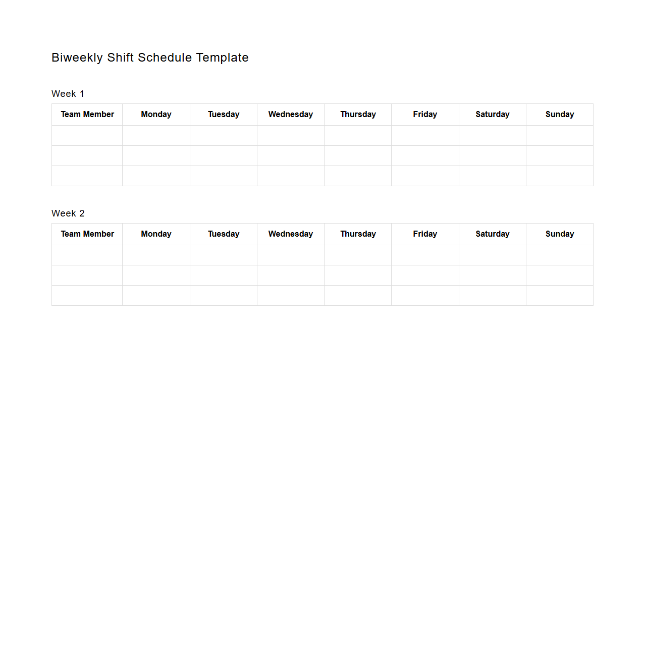 Blank Biweekly Shift Schedule Template for Team Planning